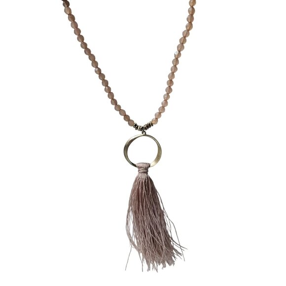 Ann Taylor LOFT Boho Beaded Pink Tassel Statement Necklace Gold Tone Ring - Picture 1 of 9